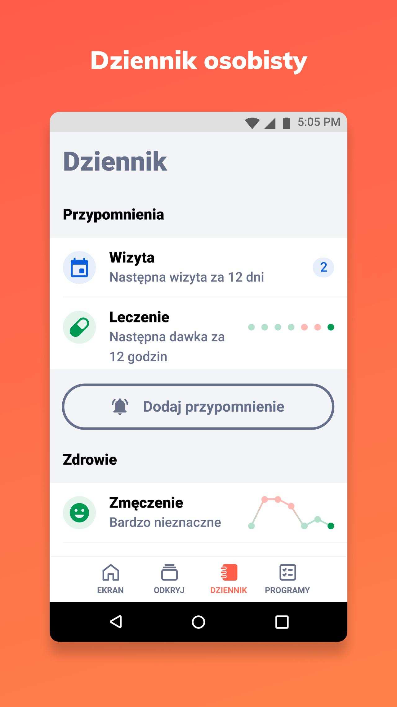 Screen z aplikacji Cleo dla osób chorujących na stwardnienie rozsiane.
