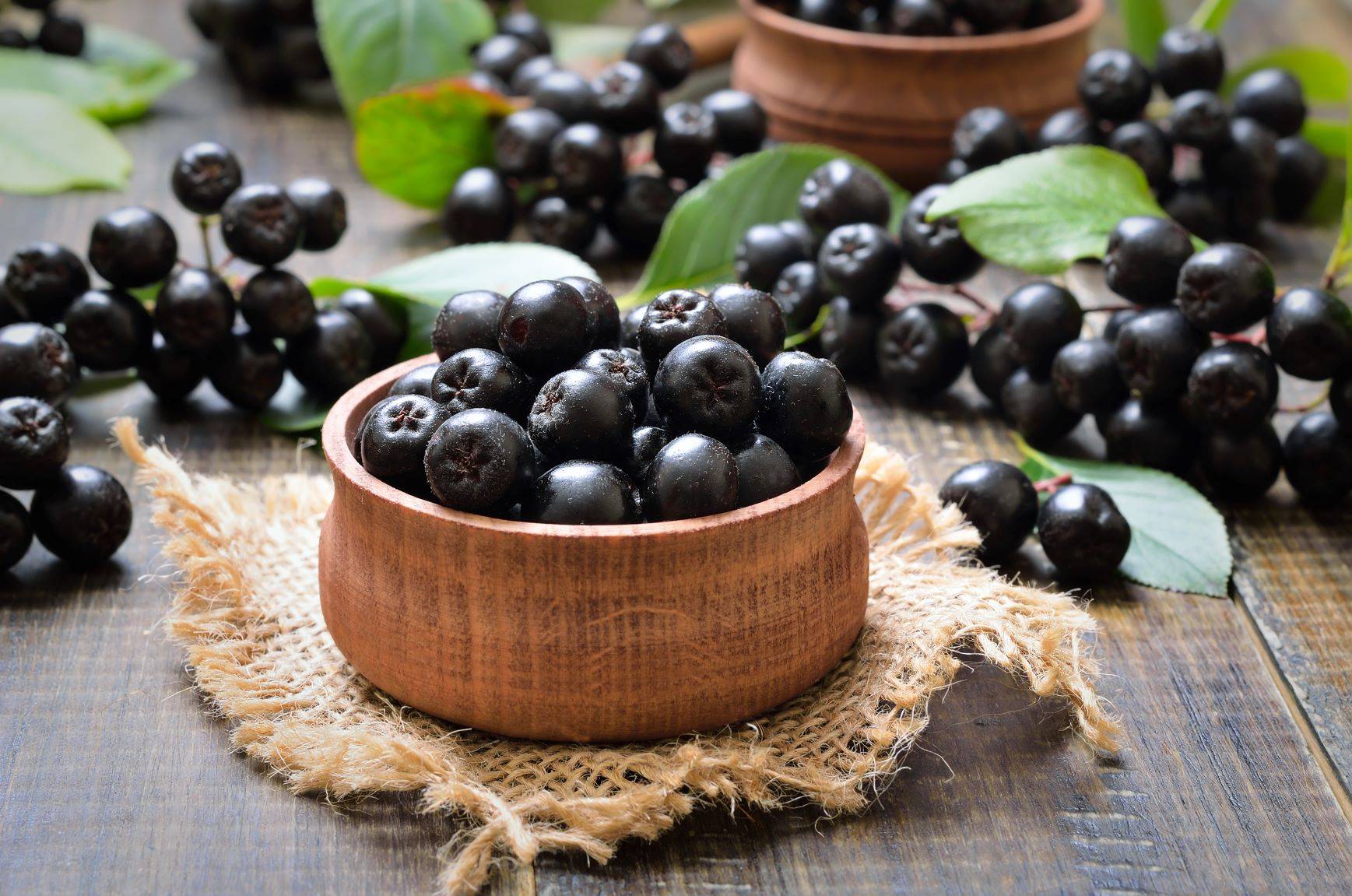 Aronia = owoce aronii w drewnianej miseczce - domowe kosmetyki DIY.