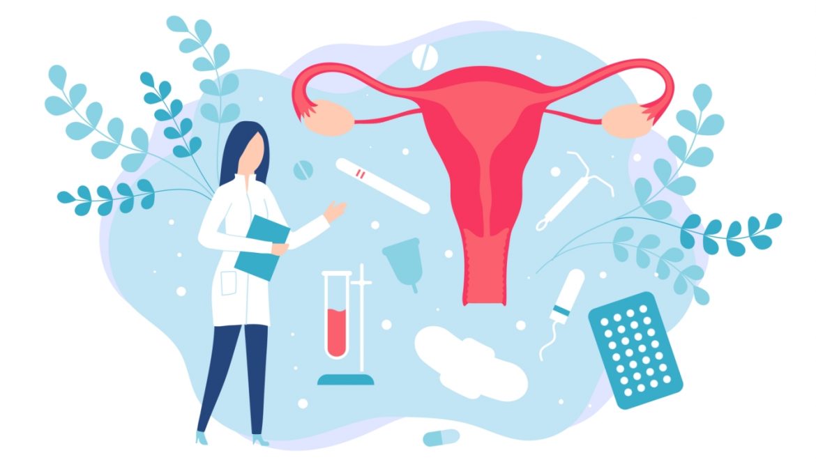 Nadżerka - objawy, przyczyny leczenie ginekologiczne. Ilustracja przedstawiająca kobietę lekarza ginekologa tłumaczącą diagnozę na narządach rozrodczych.