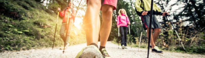 Nordic walking dla początkujących - jak go uprawiać poprawnie? Grupa osób uprawia nordoc walking w lesie - zbliżenie na but.