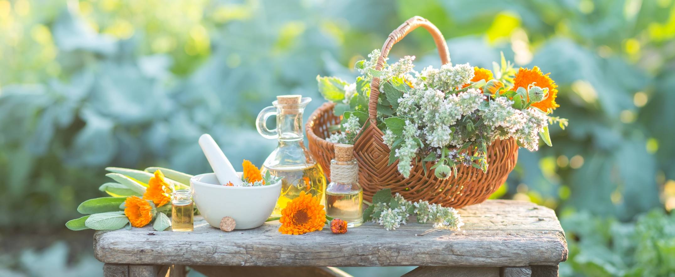 Leki homeopatyczne i ziołolecznictwo. Leki roślinne i syntetyczne. Na drewnianym stole w ogrodzie leżą nagietki, świeżo ścięte kwiaty polne i bez w koszu wiklinowym, biały moździerz i karafki z płynami.